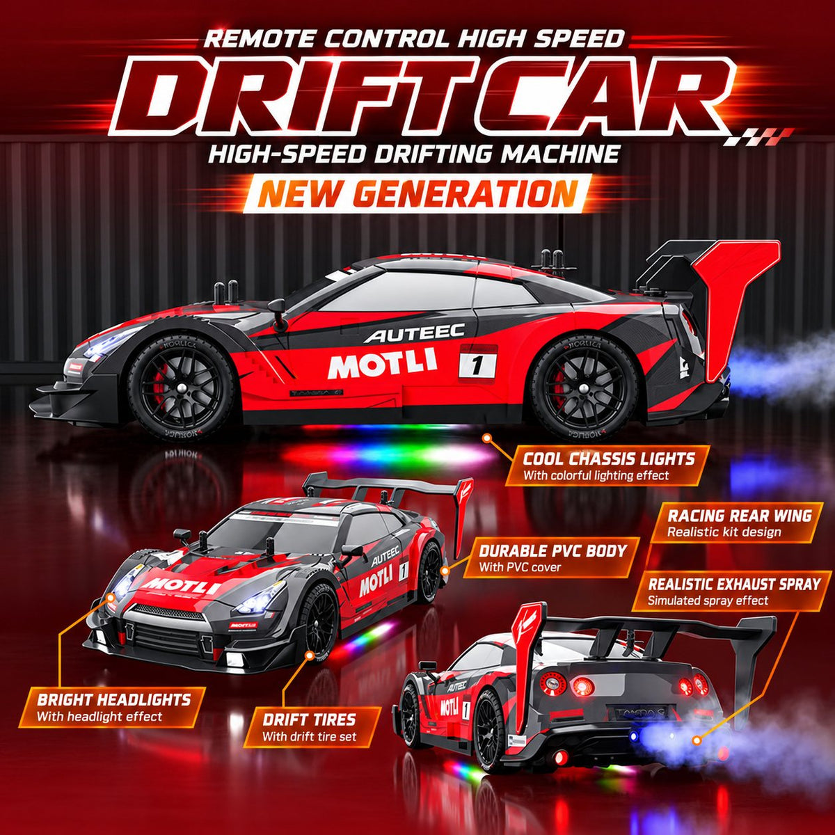 GT Drift RC Car with Smoke Exhaust & Underglow, 1:18 4WD