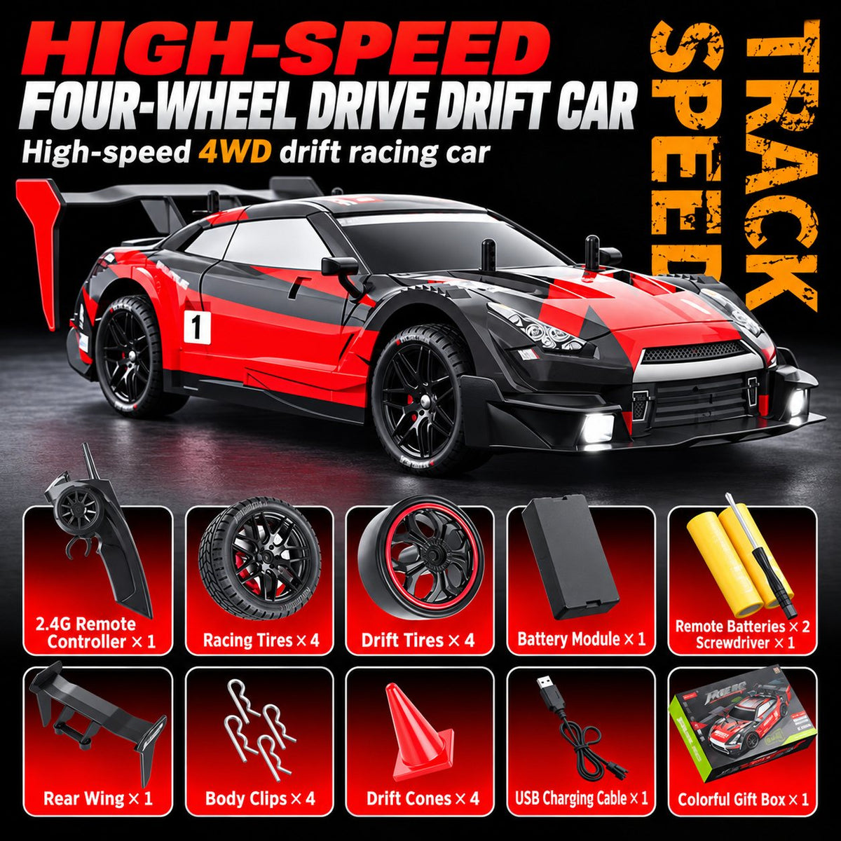 GT Drift RC Car with Smoke Exhaust & Underglow, 1:18 4WD