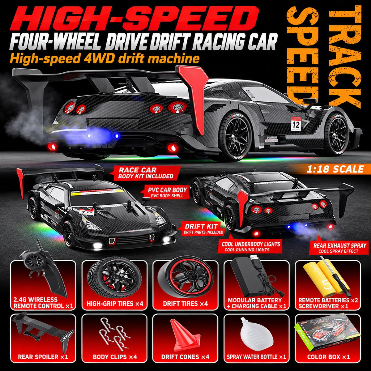 GT Drift RC Car with Smoke Exhaust & Underglow, 1:18 4WD