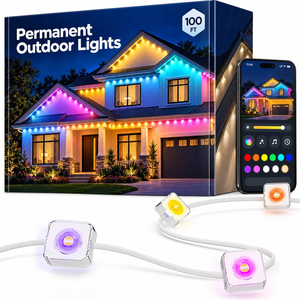Permanent Outdoor Christmas Lights, Smart RGB + White (50, 100 or 150 ft)
