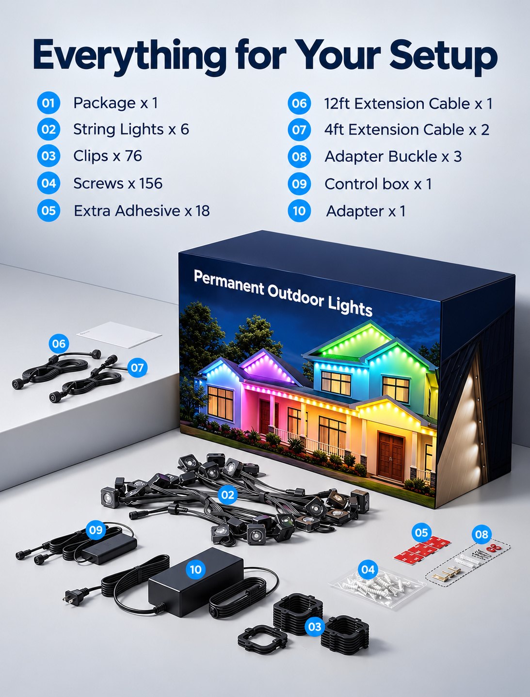 Permanent Outdoor Christmas Lights, Smart RGB + White (50, 100 or 150 ft)