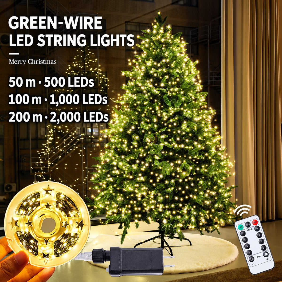 Green-Wire Christmas Tree Lights, 200 m 2,000 LEDs with Remote