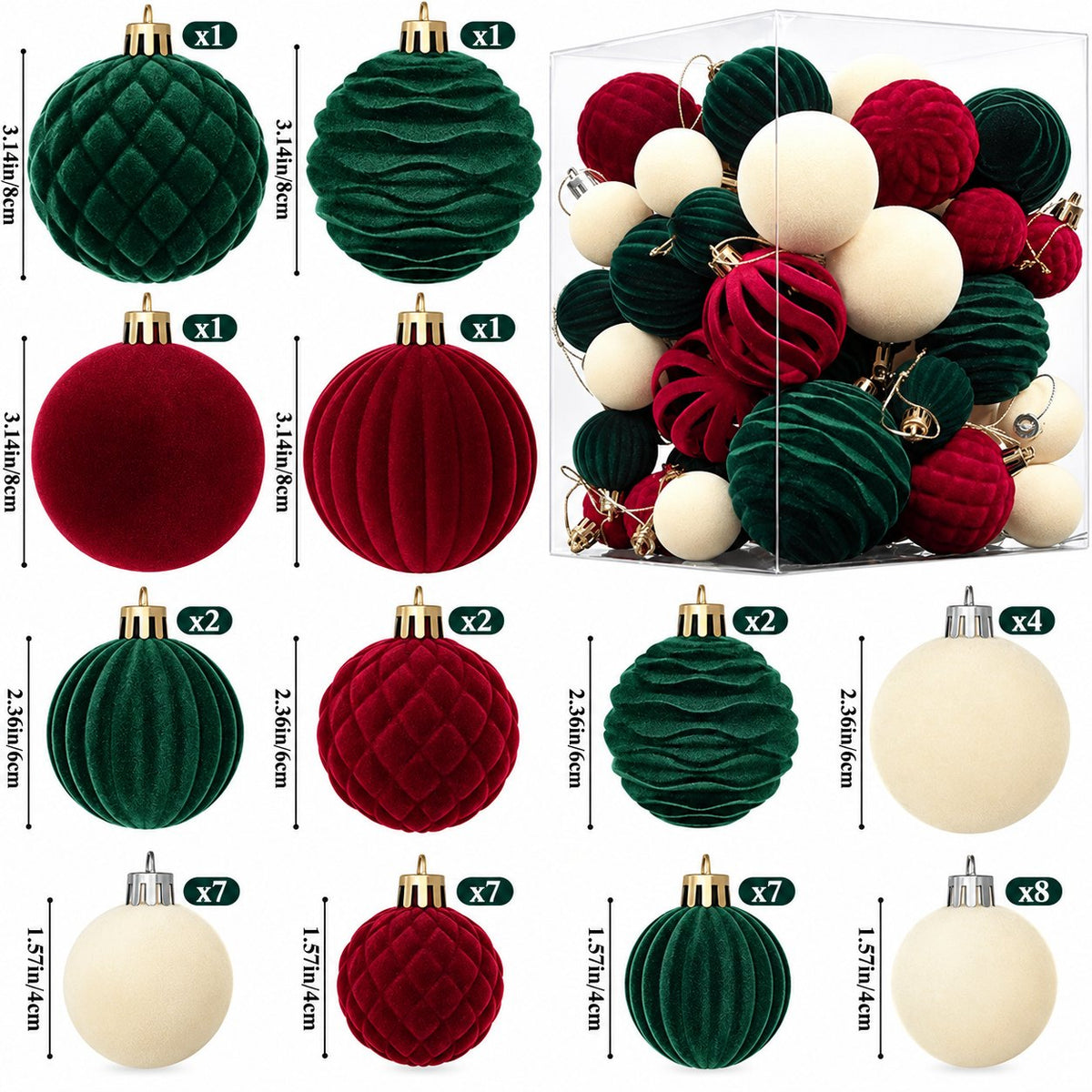 Velvet Christmas Ornaments Set, 43 Pieces