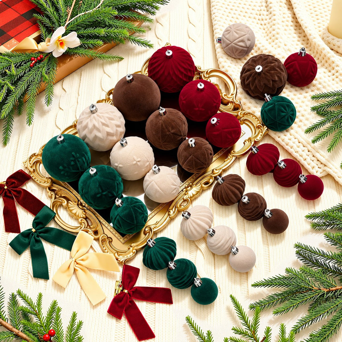Velvet Christmas Ornaments Set, 43 Pieces
