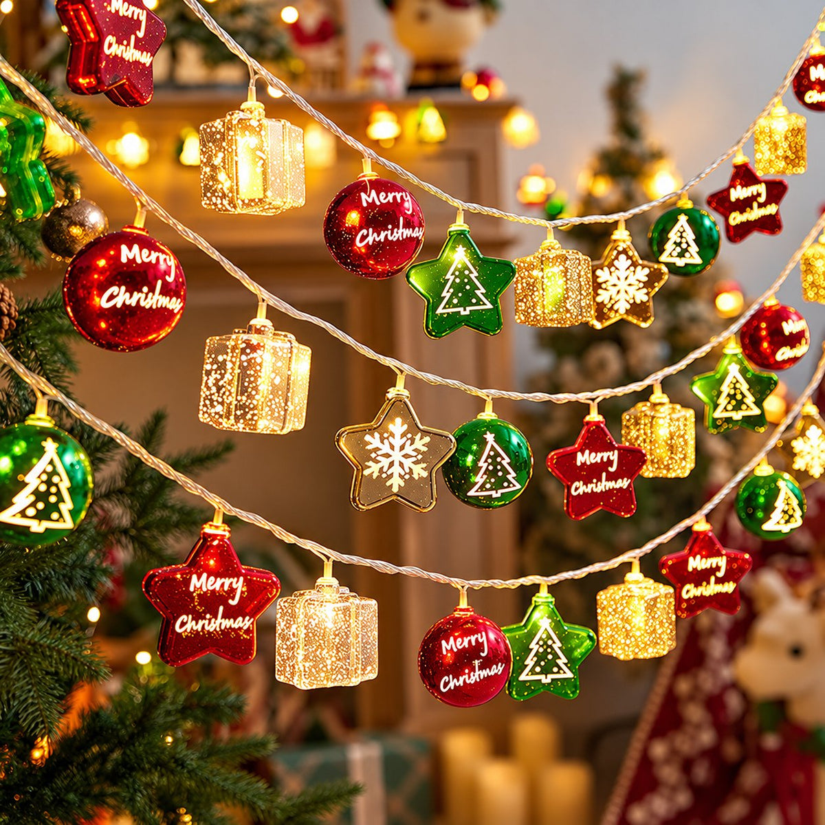 Christmas Charm String Lights, Stars & Baubles