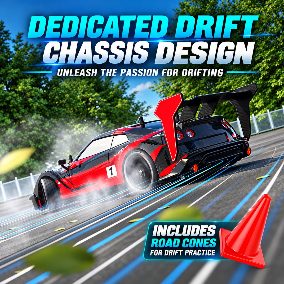 GT Drift RC Car with Smoke Exhaust & Underglow, 1:18 4WD