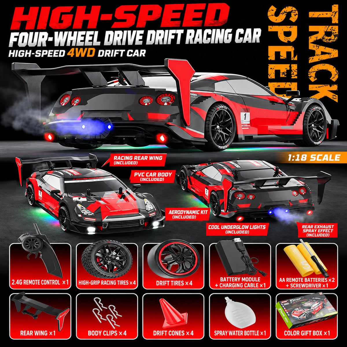 GT Drift RC Car with Smoke Exhaust & Underglow, 1:18 4WD
