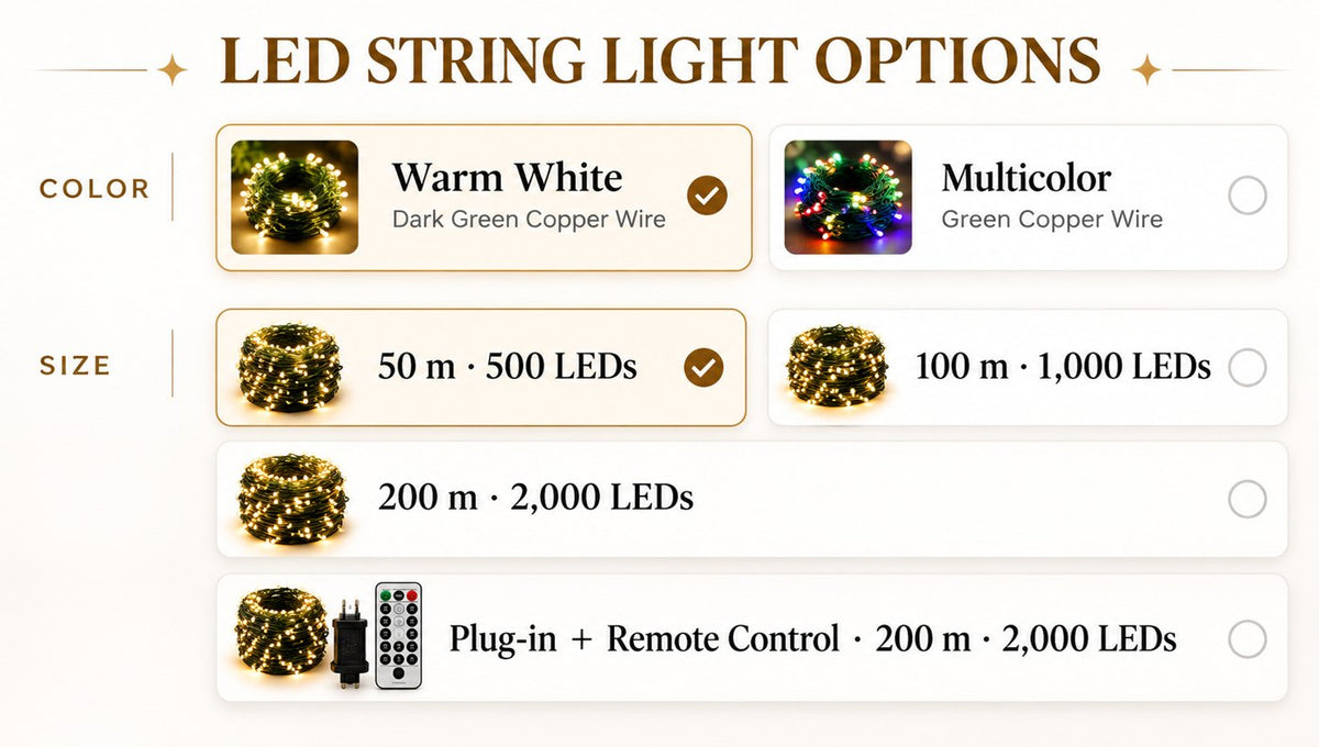 Green-Wire Christmas Tree Lights, 200 m 2,000 LEDs with Remote