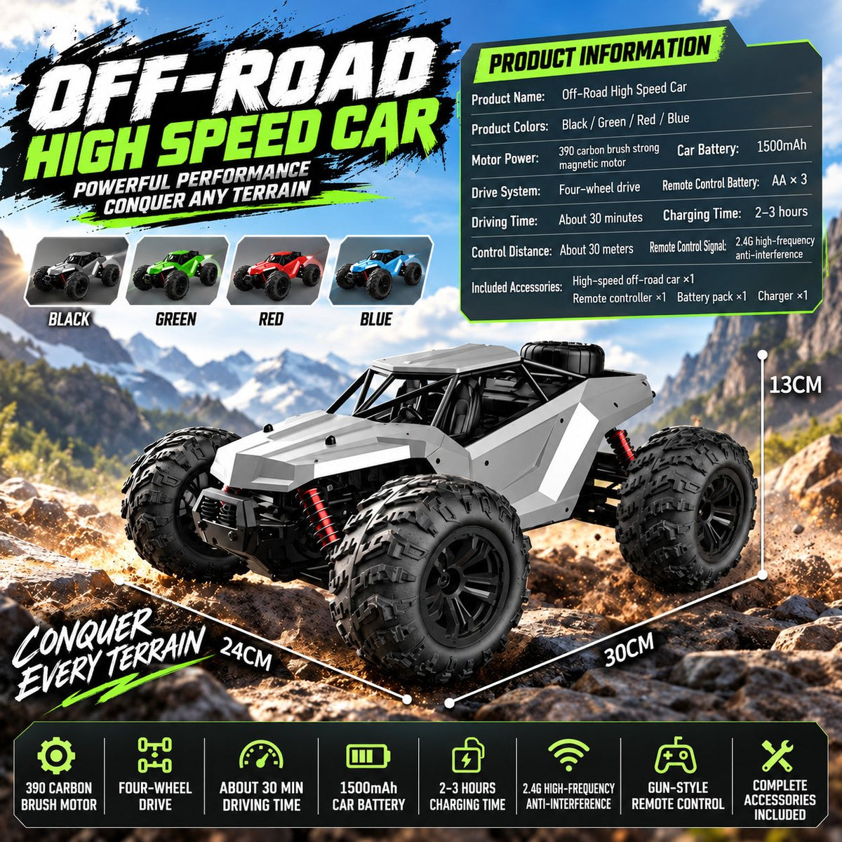 Velocity X Alloy 4WD RC Off-Road Car, up to 70 km/h